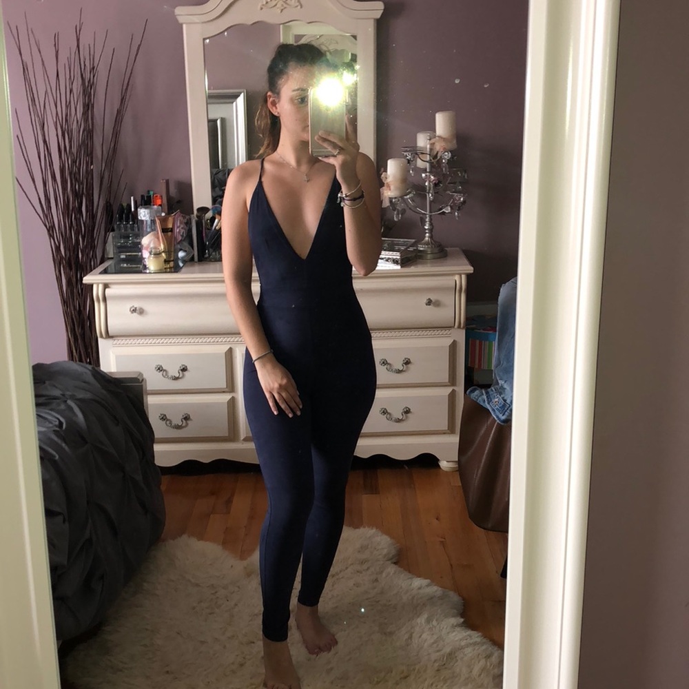 NAKED WARDROBE Navy Blue Suede Jumpsuit NEVER WORN